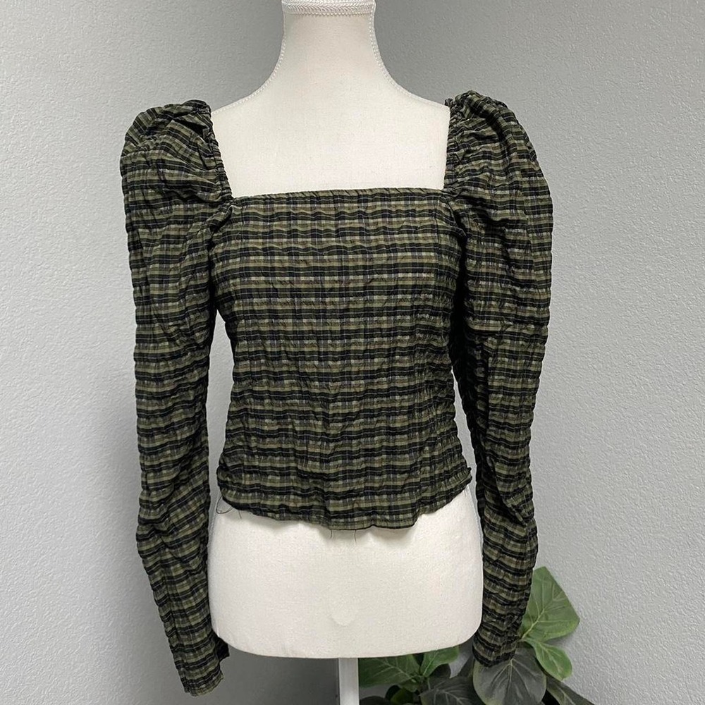 H&M OLIVE GREEN PLAID GINGHAM PRINT PUFF LONG SLEEVE DARK COQUETTE GRUNGE ALT